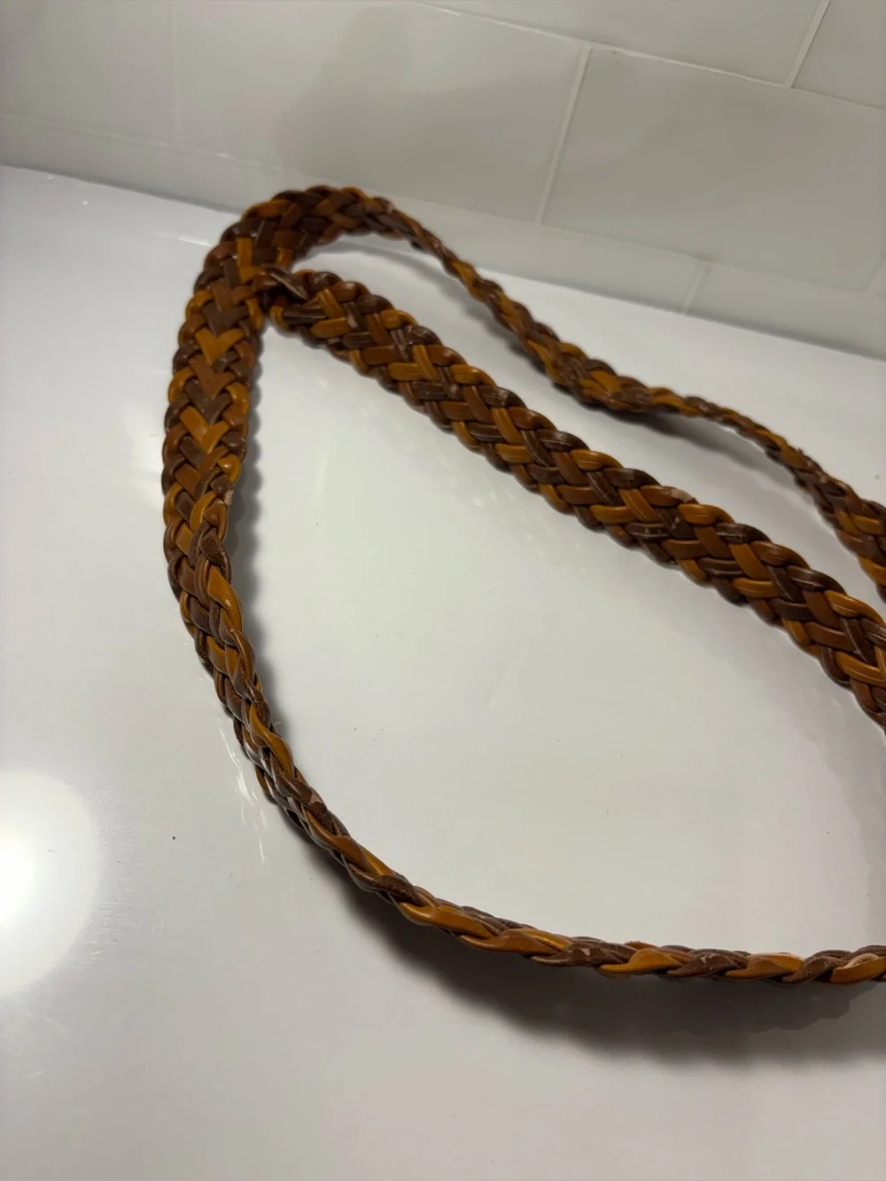 Brown Two Tone Braided Woven Belt Size L Oval Metal Buckle